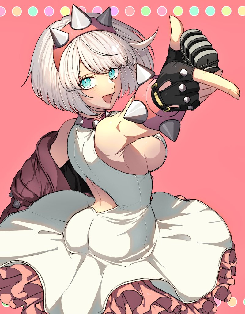 1girl, ahoge, aqua_eyes, ass, back, black_gloves, bracelet, breasts, collar, dress, ebi_pri_shrimp, elphelt_valentine, fingerless_gloves, frilled_dress, frills, gloves, guilty_gear, guilty_gear_strive, hairband, holding, holding_microphone, huge_ahoge, jacket, jewelry, large_breasts, looking_at_viewer, microphone, off_shoulder, open_mouth, pink_background, pink_hairband, pink_jacket, short_hair, sideboob, smile, spiked_bracelet, spiked_collar, spiked_hairband, spikes, white_hair
