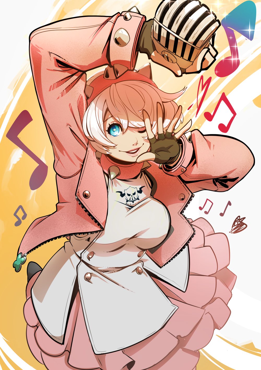 1girl, ahoge, black_gloves, bracelet, breasts, clover, collar, dress