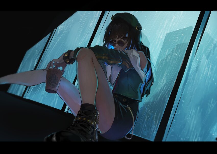 1girl, absurdres, bare_shoulders, beret, black_hair, black_shorts, blue_hair, boots, bracelet, breasts, colored_inner_hair, cup, eyeliner, fate/grand_order, fate_(series), green_hat, green_jacket, grey_eyes, hat, highres, jacket, jewelry, kamome_umitsuki, long_hair, long_sleeves, looking_at_viewer, makeup, multicolored_hair, off_shoulder, revision, round_eyewear, shorts, sidelocks, sitting, small_breasts, solo, sunglasses, tenochtitlan_(fate), tenochtitlan_(second_ascension)_(fate), window