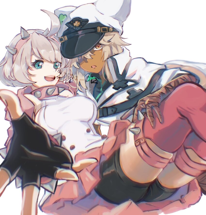 ahoge, bandaged_arm, bandages, bracelet, clover, collar, commentary, dark-skinned_female, dark_skin, elphelt_valentine, fingerless_gloves, four-leaf_clover, gloves, guilty_gear, guilty_gear_strive, hair_between_eyes, hairband, highres, huge_ahoge, jacket, jewelry, long_hair, looking_at_viewer, open_mouth, orange_eyes, pink_hairband, pink_jacket, pipu_012, ramlethal_valentine, red_bandage, smile, spiked_bracelet, spiked_collar, spiked_hairband, spikes, white_hair