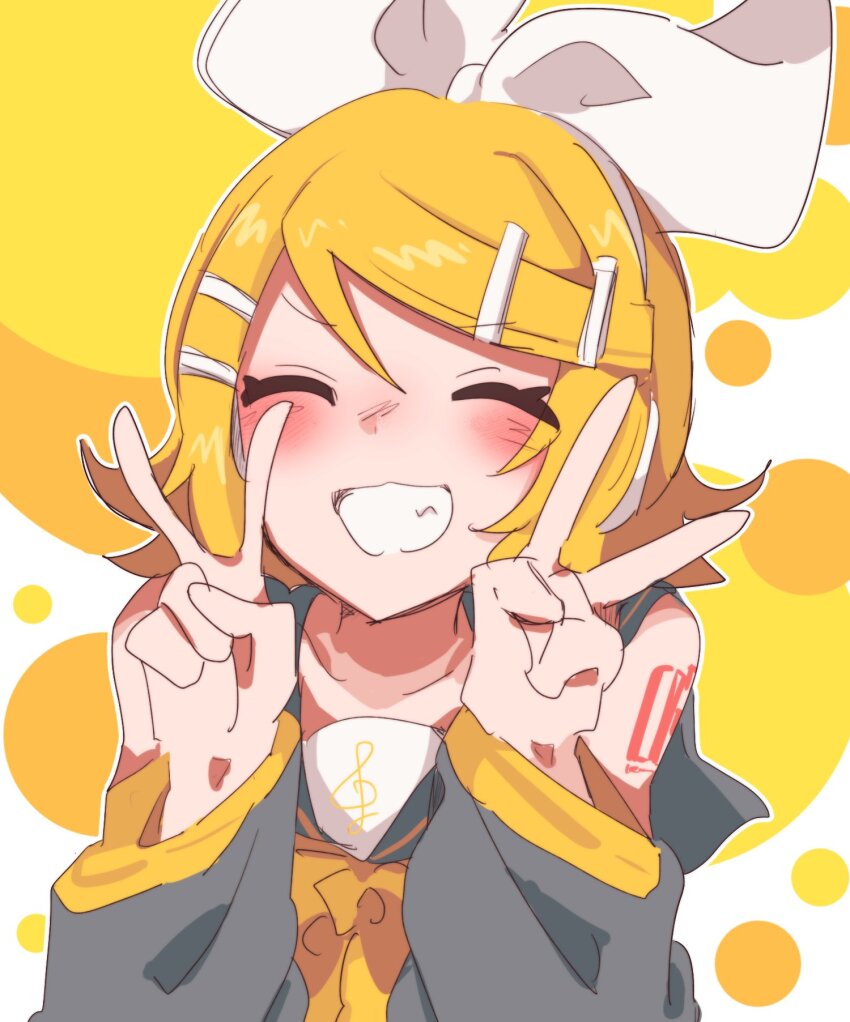 1girl, ^_^, bare_shoulders, beruna0612, blonde_hair, bow, closed_eyes, detached_sleeves, double_v, fang, grey_sailor_collar, grey_sleeves, grin, hair_bow, hair_ornament, hairclip, happy, headphones, headset, highres, kagamine_rin, neckerchief, sailor_collar, sailor_shirt, shirt, short_hair, sleeveless, sleeveless_shirt, smile, solo, swept_bangs, treble_clef, v, vocaloid, white_bow, yellow_background, yellow_neckerchief