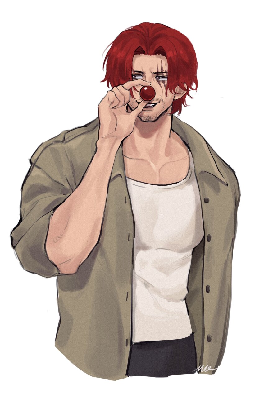 1boy, absurdres, beard_stubble, buggy_the_clown, buggy_the_clown_(cosplay), clown_nose, cosplay, cropped_legs