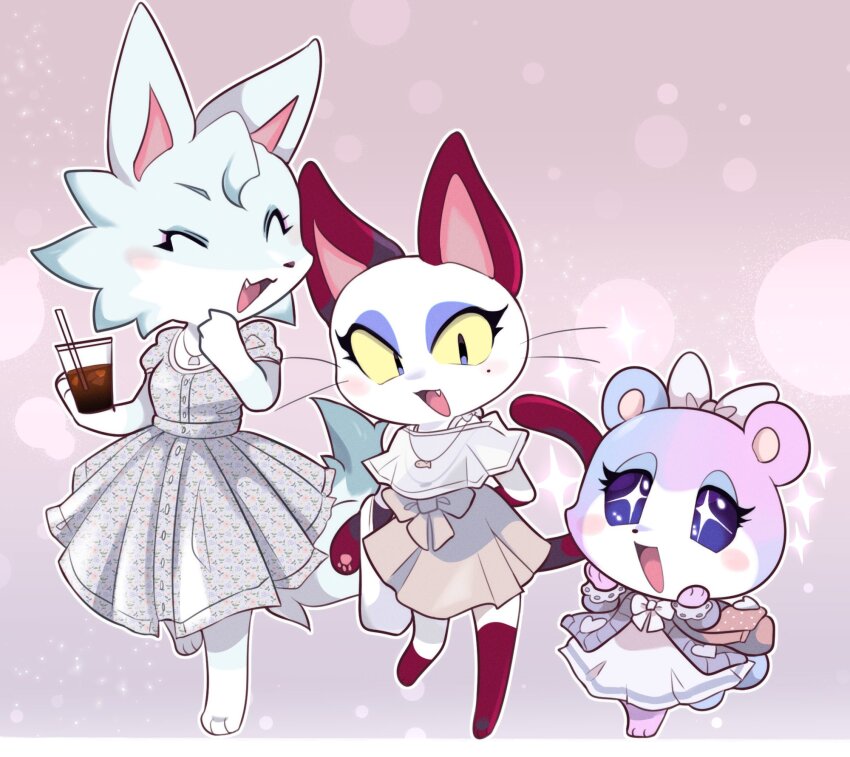 3girls, alternate_costume, animal_crossing, animal_crossing:_new_horizons, animal_ears, bag, bear, bear_girl, blue_coat, blue_eyes, blue_skin, bow, cat, cat_girl, closed_eyes, coat, colored_sclera, colored_skin, cup, disposable_cup, dot_nose, dress, drink, elbow_carry, fang, fish_charm, floral_print, frills, full_body, gradient_background, hair_bow, heart, highres, holding, holding_bag, holding_drink, jewelry, judy_(animal_crossing), loveycloud, mole, mole_under_eye, multicolored_skin, multiple_girls, necklace, nintendo, olivia_(animal_crossing), open_mouth, outline, purple_eyes, purple_skin, red_skin, ribbon, sparkle, sparkle_background, sparkling_eyes, standing, standing_on_one_leg, tail, walking, white_bow, white_dress, white_outline, white_ribbon, white_skin, whitney_(animal_crossing), wolf, wolf_girl