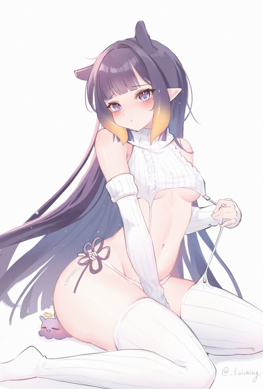 1girl, :i, aran_sweater, artist_name, blue_eyes, blunt_bangs, blush, breasts, cable_knit, detached_sleeves, flower_knot, garter_straps, gradient_hair, groin, halo, hand_up, highres, hololive, hololive_english, loisning, long_hair, long_sleeves, looking_at_viewer, mole, mole_under_eye, multicolored_hair, ninomae_ina'nis, orange_hair, panties, pointy_ears, purple_hair, ribbed_panties, ribbed_sleeves, ribbed_sweater, ribbed_thighhighs, side-tie_panties, sidelocks, sleeveless, sleeveless_turtleneck, small_breasts, solo, strap_pull, sweater, takodachi_(ninomae_ina'nis), tearing_up, tentacle_hair, thighhighs, turtleneck, underboob, underwear, virgin_destroyer_sweater, virtual_youtuber, white_background, white_garter_straps, white_panties, white_sweater