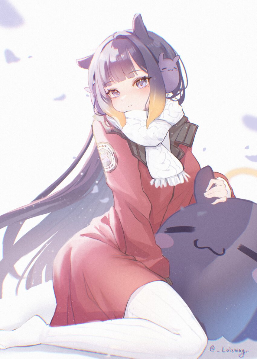 1girl, arm_between_legs, artist_name, blue_eyes, blunt_bangs, blush, breasts, coat