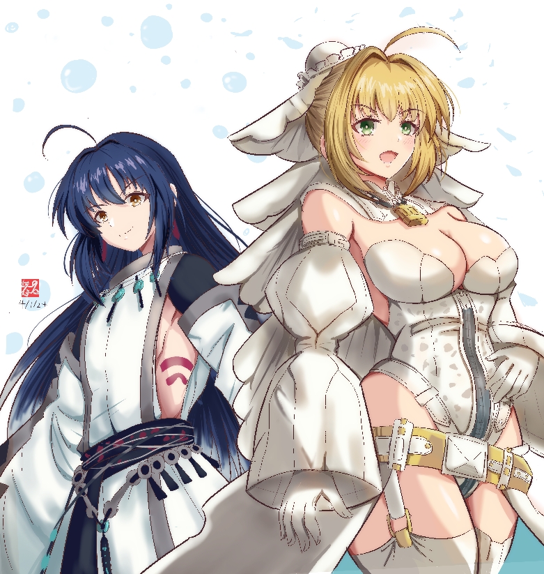 1girl, 1other, ahoge, androgynous, bare_shoulders, black_hair, black_pants, blonde_hair, blush, breasts, brown_eyes, chain, cleavage, detached_collar, detached_sleeves, dress, earrings, elbow_gloves, fate/extra, fate/extra_ccc, fate/grand_order, fate/samurai_remnant, fate_(series), flower_wreath, gloves, green_eyes, hair_between_eyes, hair_intakes, hakama, hakama_pants, head_wreath, highleg, highleg_leotard, japanese_clothes, jewelry, large_breasts, leotard, lock, long_hair, long_sleeves, looking_at_viewer, necklace, nero_claudius_(bride)_(fate), nero_claudius_(bride)_(second_ascension)_(fate), nero_claudius_(fate), open_mouth, padlock, pants, puffy_sleeves, sash, sidelocks, smile, tetsu_no_samurai, thighhighs, thighs, veil, white_dress, white_gloves, white_leotard, white_thighhighs, wide_sleeves, yamato_takeru_(fate), yamato_takeru_(third_ascension)_(fate), zipper