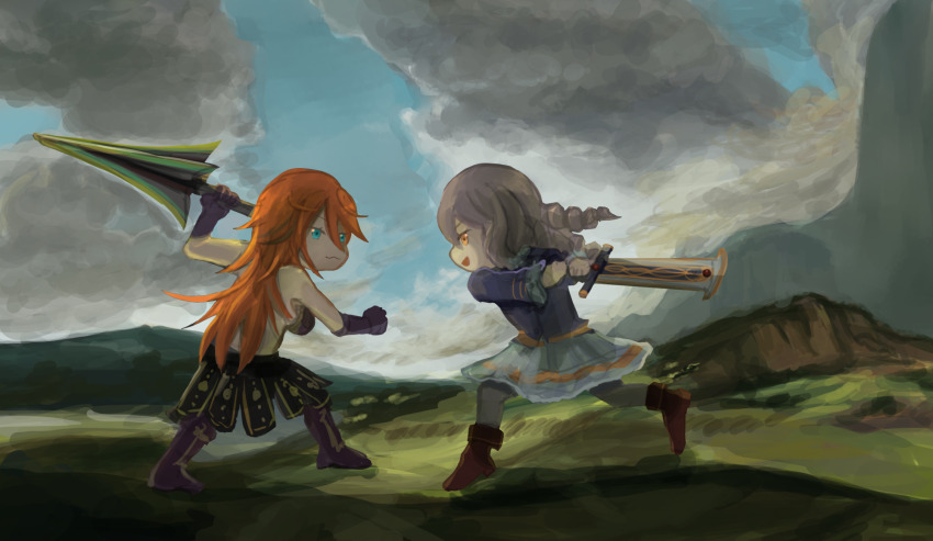 2girls, battle, blue_eyes, boots, cloud, commentary_request, duel, duelo_a_garrotazos, durandal_(mythology), fantasy, fine_art_parody, gloves, highres, mountainous_horizon, multiple_girls, orange_hair, original, parody, polearm, skirt, spear, spear_the_gungnir, style_parody, sword, user_nwfp5723, weapon