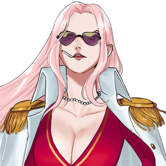 1girl, breasts, cigarette, cleavage, close-up, coat, collared_coat, commentary_request, epaulettes, forehead, hina_(one_piece), jacket, jewelry, large_breasts, looking_down, necklace, one_piece, pink_hair, red_jacket, red_lips, sidelocks, simple_background, solo, sunglasses, v-shaped_eyebrows, white_background, white_coat, yao_yasan