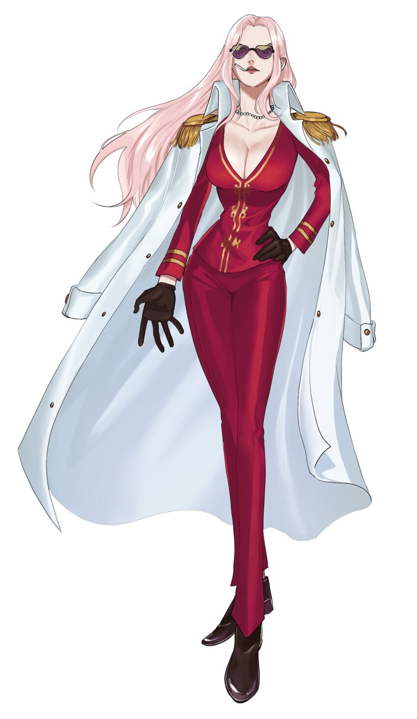 1girl, absurdres, black_footwear, black_gloves, breasts, cigarette, cleavage, coat