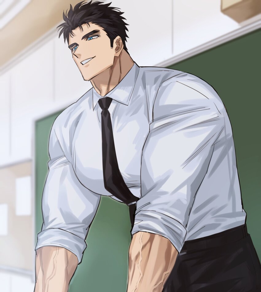 1boy, bara, black_hair, blue_eyes, bursting_pectorals, chalkboard, classroom, collared_shirt, cowboy_shot, day, domo_(domo_kizusuki), highres, indoors, kokado_shido_(domo), large_pectorals, male_focus, muscular, muscular_male, original, pectorals, shirt, short_hair, sideburns, sleeves_rolled_up, smile, solo, teacher, thick_eyebrows, tight_clothes, tight_shirt, veins, white_shirt