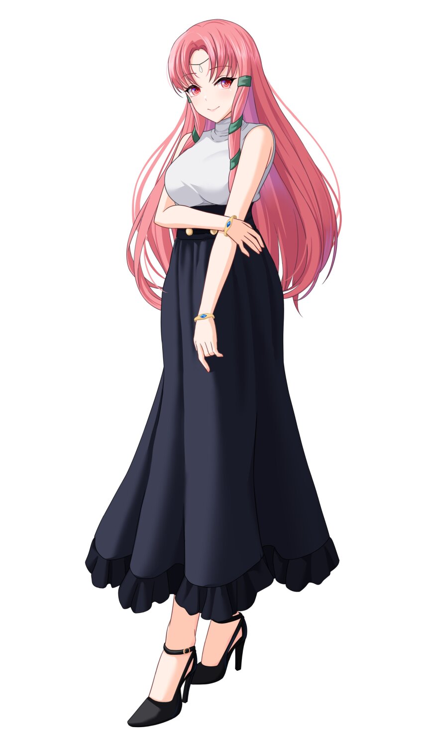 1girl, absurdres, alternate_costume, bare_shoulders, black_footwear, black_skirt, bracelet, breasts