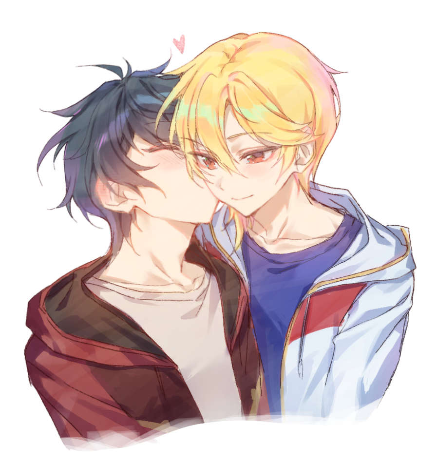 2boys, black_hair, blonde_hair, blue_shirt, blush, closed_mouth, ensemble_stars!, grey_hoodie