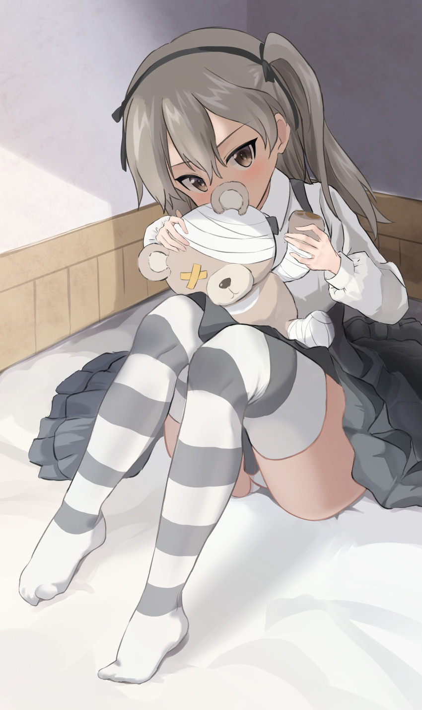 1girl, absurdres, black_ribbon, black_skirt, black_thighhighs, boko_(girls_und_panzer), brown_eyes, collared_shirt