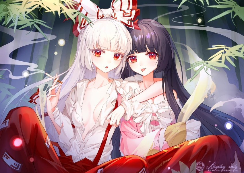 2girls, :p, absurdres, arm_around_neck, bamboo, black_hair, blunt_bangs, bow