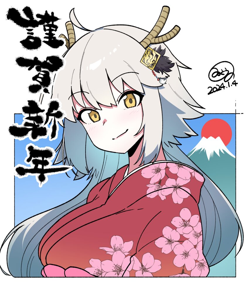 1girl, 2024, absurdres, ahoge, alternate_costume, closed_mouth, commentary_request, dated, dragon_horns, fake_horns, fate/grand_order, fate_(series), floral_print, floral_print_kimono, hair_between_eyes, hair_ornament, highres, horns, japanese_clothes, jeanne_d'arc_alter_(fate), kimono, long_hair, looking_at_viewer, nonoitou110, print_kimono, red_kimono, signature, smile, solo, very_long_hair, white_hair, yellow_eyes, yukata