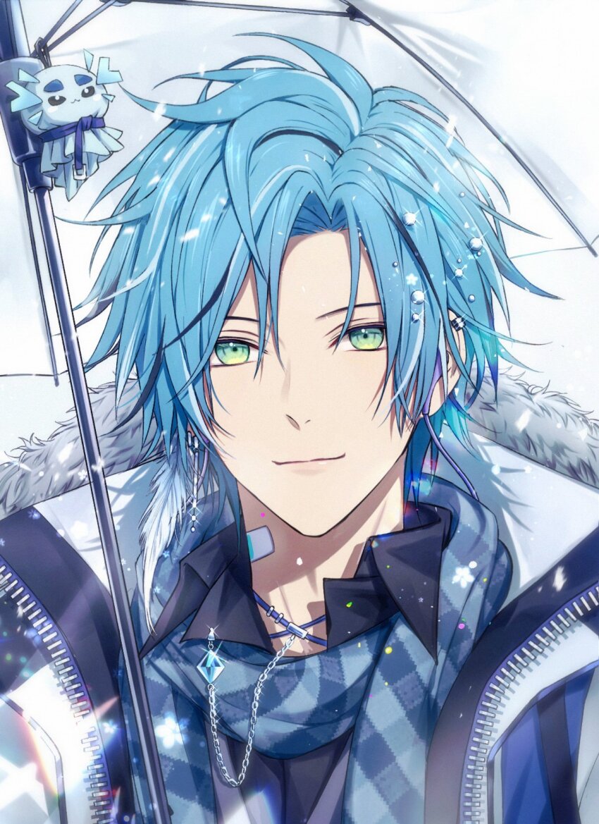 1boy, altventurer_(regis_altare), bandaid, bandaid_on_neck, bishounen, blue_hair, blue_scarf, closed_mouth