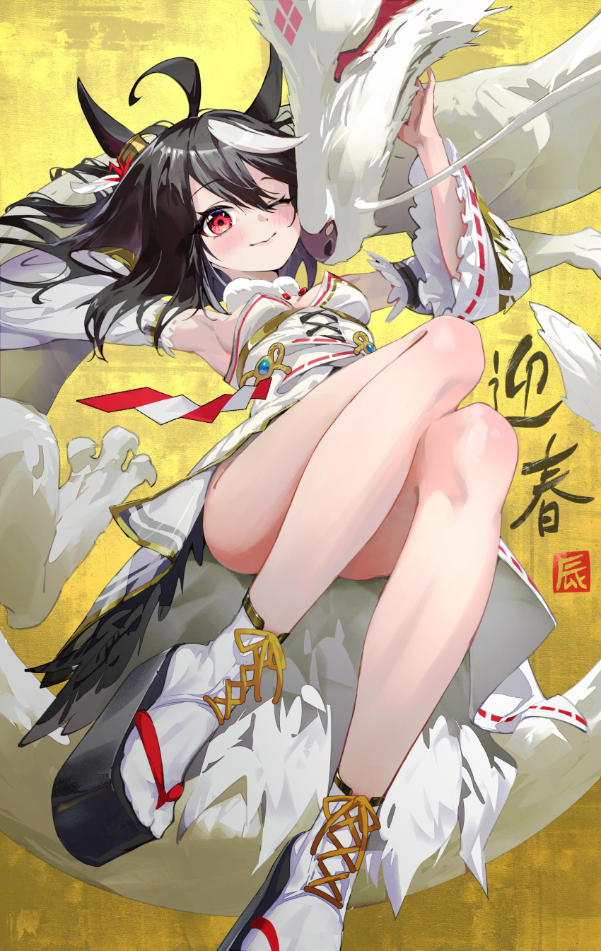 1girl, absurdres, ahoge, animal_ears, arm_up, armpits, black_hair, breasts