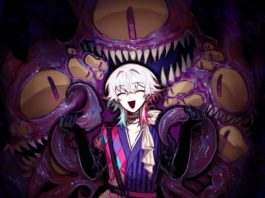 1boy, absurdres, androgynous, black_gloves, blue_hair, closed_eyes, coat, commentary