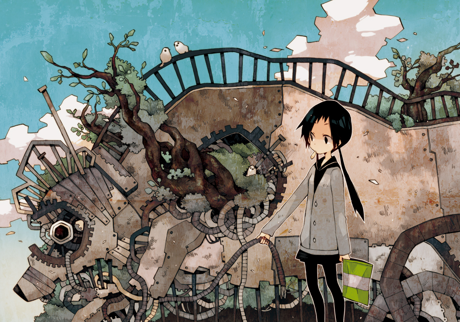 1girl, black_eyes, black_hair, black_pantyhose, black_skirt, blazer, blue_sky, buttons, chips_(food), day, eating, female_focus, food, gears, grey_jacket, harikamo, holding, jacket, long_hair, long_sleeves, low_twintails, machine, machinery, miniskirt, mouth_hold, original, pantyhose, pet, plant, railing, school_uniform, shinsaibashih, skirt, sky, solo, standing, sticks, surreal, tree, twintails, wire