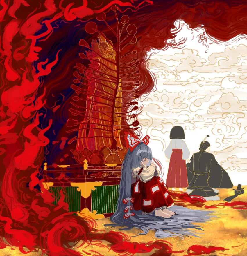 1boy, 2girls, absurdly_long_hair, absurdres, architecture, bags_under_eyes, barefoot, black_hair