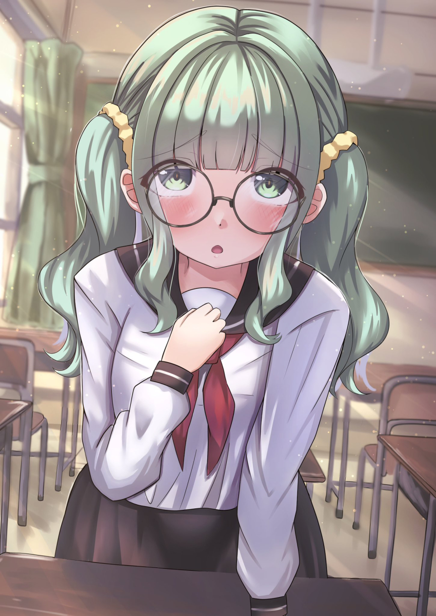 1girl, alternate_costume, bespectacled, blunt_bangs, blush, desk, futaba_sana, glasses