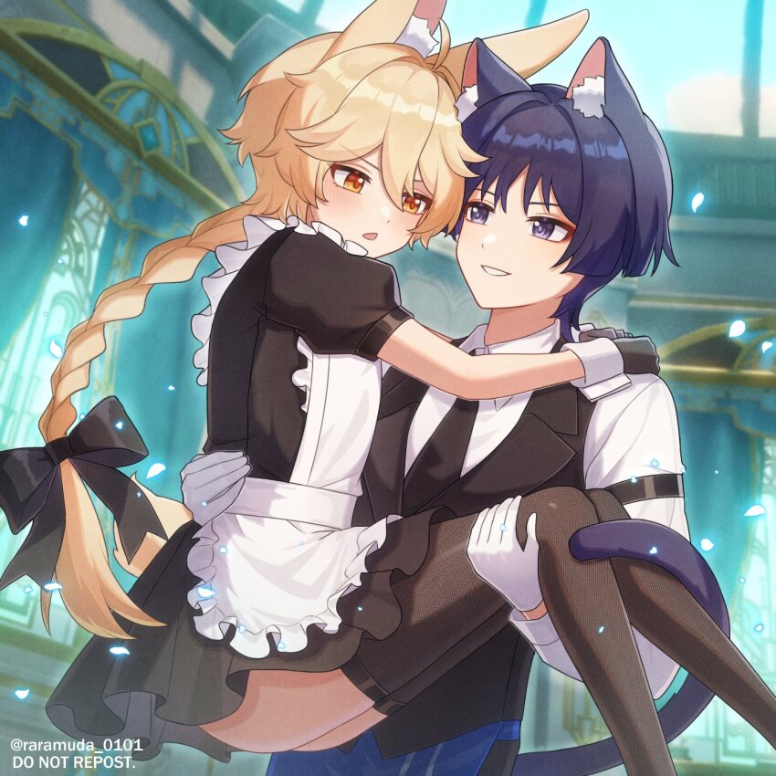 2boys, aether_(genshin_impact), ahoge, alternate_costume, animal_ears, ass, black_necktie, black_vest