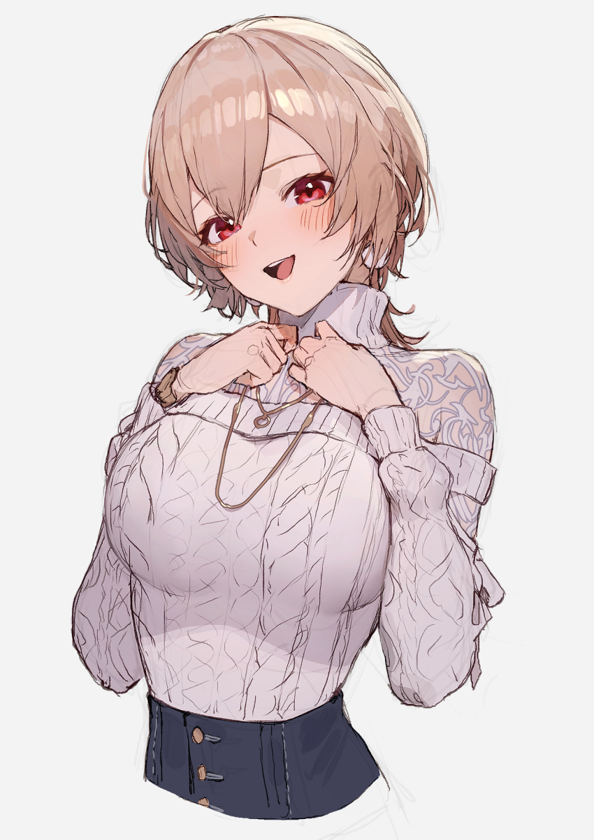 1girl, alternate_hair_length, alternate_hairstyle, blue_skirt, blush, breasts, brown_hair, double-parted_bangs