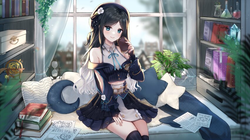 1girl, arm_cutout, bare_shoulders, beret, black_hair, black_hat, black_jacket, black_ribbon