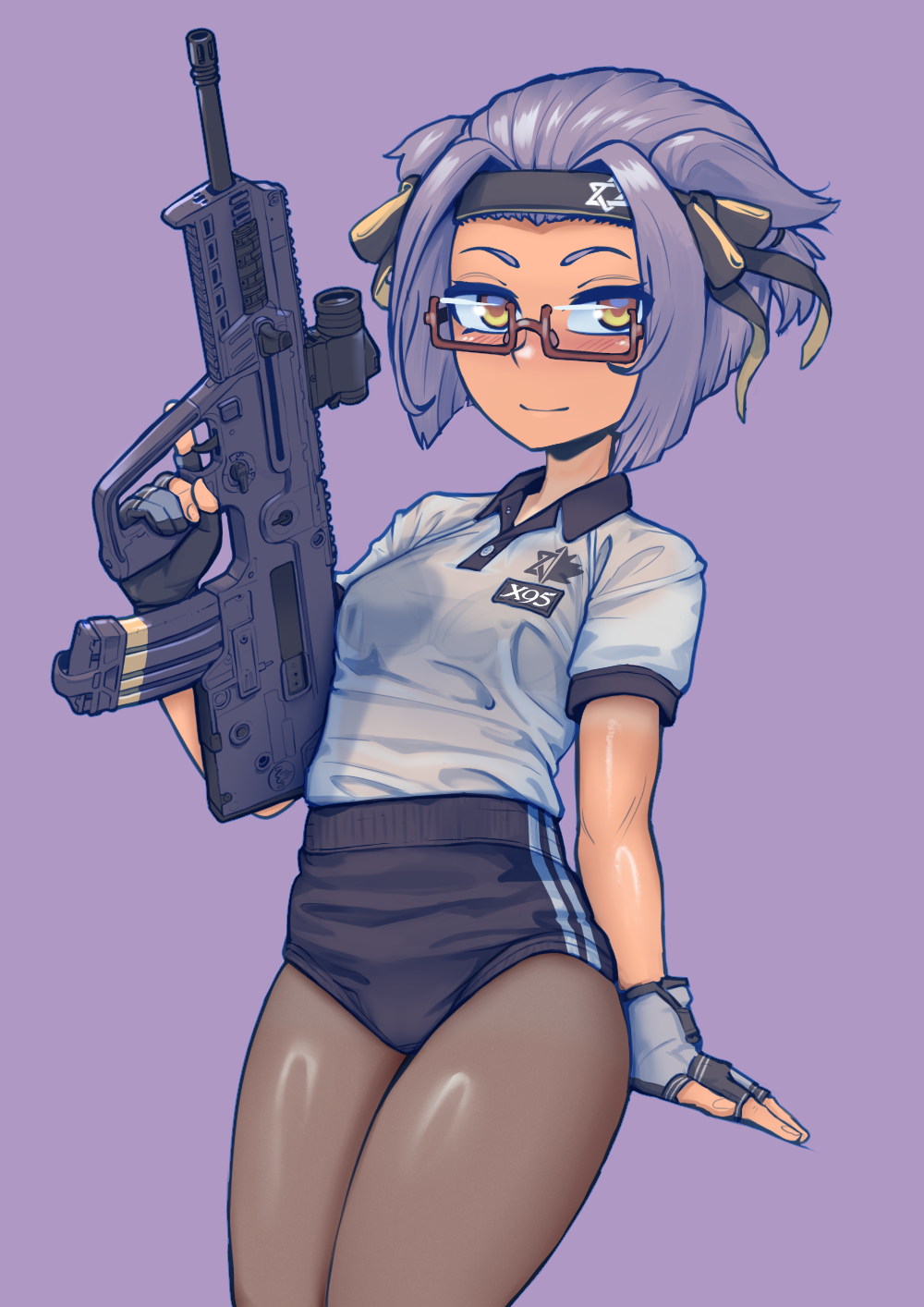 1girl, assault_rifle, black_bra, black_buruma, blush, borrowed_character, bra, bra_visible_through_clothes