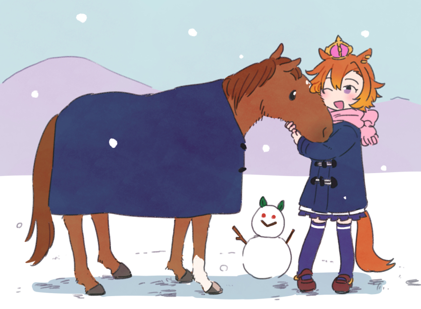 1girl, animal_ears, coat, creature_and_personification, crown, horse_ears, horse_girl, mountain
