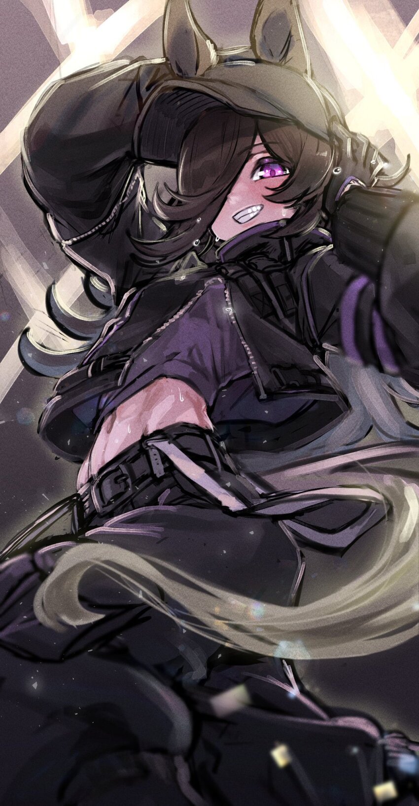 1girl, alternate_costume, animal_ear_headwear, animal_ears, arm_up, belt, black_gloves, black_headwear