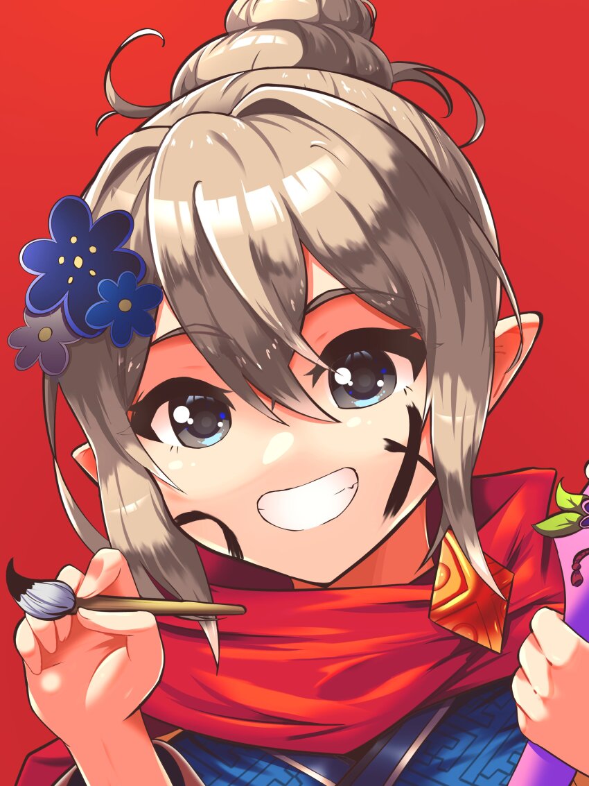 1girl, absurdres, blue_flower, capelet, commentary, english_commentary, eyelashes, fire_emblem, fire_emblem_fates, fire_emblem_heroes, flower, grey_eyes, grey_hair, hair_bun, hair_flower, hair_ornament, highres, holding, holding_paintbrush, female_kana_(fire_emblem), female_kana_(rising_sunlight)_(fire_emblem), keldancon, looking_at_viewer, medium_hair, nintendo, official_alternate_costume, paint, paintbrush, pointy_ears, red_background, red_capelet, simple_background, smile, teeth, upper_body