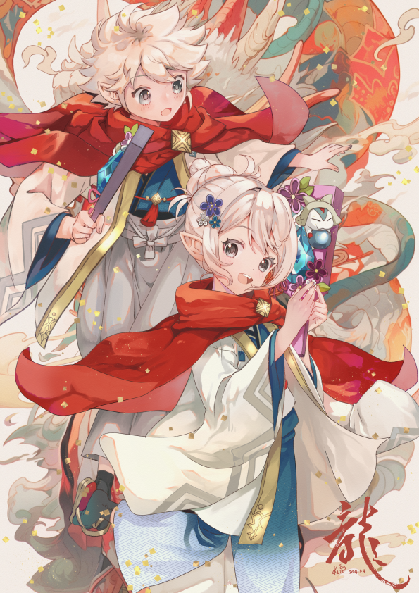 1boy, 2girls, capelet, commentary_request, dated, dragon, fire_emblem, fire_emblem_fates, fire_emblem_heroes, flower, grey_eyes, hair_flower, hair_ornament, japanese_clothes, female_kana_(fire_emblem), female_kana_(rising_sunlight)_(fire_emblem), male_kana_(fire_emblem), male_kana_(rising_dragon)_(fire_emblem), kero_sweet, kimono, lilith_(fire_emblem), multiple_girls, nintendo, official_alternate_costume, open_mouth, pointy_ears, red_capelet, scarf, short_hair, smile, teeth, upper_teeth_only, white_hair