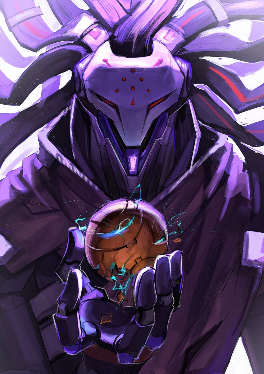 1boy, cyborg, duck_x805, highres, holding_orb, male_focus, mechanical_arms, mechanical_hands, mechabare, omnic, orb, overwatch, overwatch_2, purple_theme, ramattra_(overwatch), robot, scarf, solo, upper_body