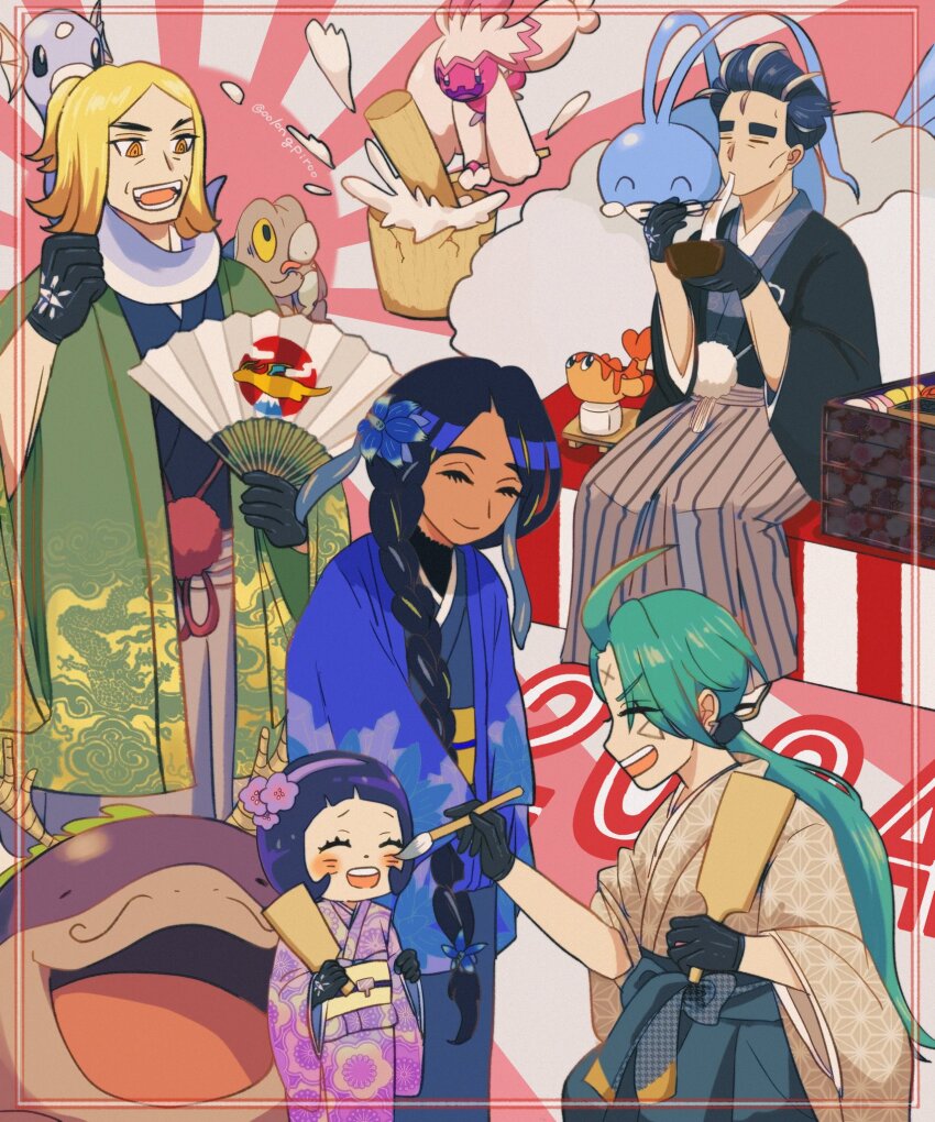 2024, 2boys, 3girls, ^_^, altaria, artist_name, bird, black_eyes, black_gloves, black_hair, blonde_hair, blue_kimono, blue_skin, border, bowl, braid, clodsire, closed_eyes, closed_mouth, cloud, colored_skin, commentary_request, dark-skinned_female, dark_skin, dratini, eating, eyelashes, fish, flower, folding_fan, food, frigibax, geeta_(pokemon), gen_1_pokemon, gen_3_pokemon, glimmora, gloves, green_hair, hair_flower, hair_ornament, hairband, hakama, hammer, hand_fan, haori, hassel_(pokemon), head_wings, highres, holding, holding_bowl, holding_fan, holding_paintbrush, japanese_clothes, kimono, kneeling, larry_(pokemon), light_rays, long_hair, medium_hair, multiple_boys, multiple_girls, new_year, nintendo, noodles, oolongpiroo, open_mouth, paintbrush, pokemon, pokemon_(creature), pokemon_scarlet_and_violet, poppy_(pokemon), purple_flower, purple_hairband, purple_kimono, red_border, red_sun, rika_(pokemon), scared, short_hair, single_braid, sitting, smile, snake, sunbeam, sunlight, tail, tatsugiri, tatsugiri_(curly), teeth, thick_eyebrows, tinkaton, twitter_username, wings, yellow_eyes