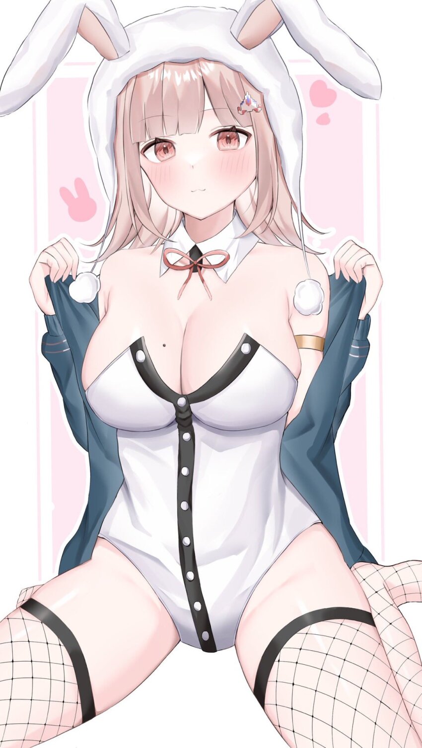 1girl, animal_ears, animal_hood, black_leotard, blush, breasts, brown_hair, cleavage, danganronpa_(series), danganronpa_2:_goodbye_despair, fake_animal_ears, fishnet_thighhighs, fishnets, flipped_hair, hair_ornament, highres, hood, jacket, large_breasts, leotard, light_brown_hair, long_sleeves, looking_at_viewer, medium_hair, mole, mole_on_breast, multicolored_leotard, nanami_chiaki, neck_ribbon, peko_taro, playboy_bunny, rabbit_ears, rabbit_hood, ribbon, shiny_skin, solo, thighhighs, two-tone_leotard, white_leotard