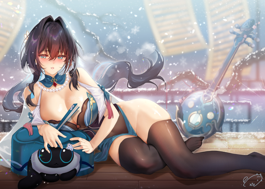 1girl, animalization, bare_shoulders, bead_necklace, beads, black_hair, black_thighhighs, blush