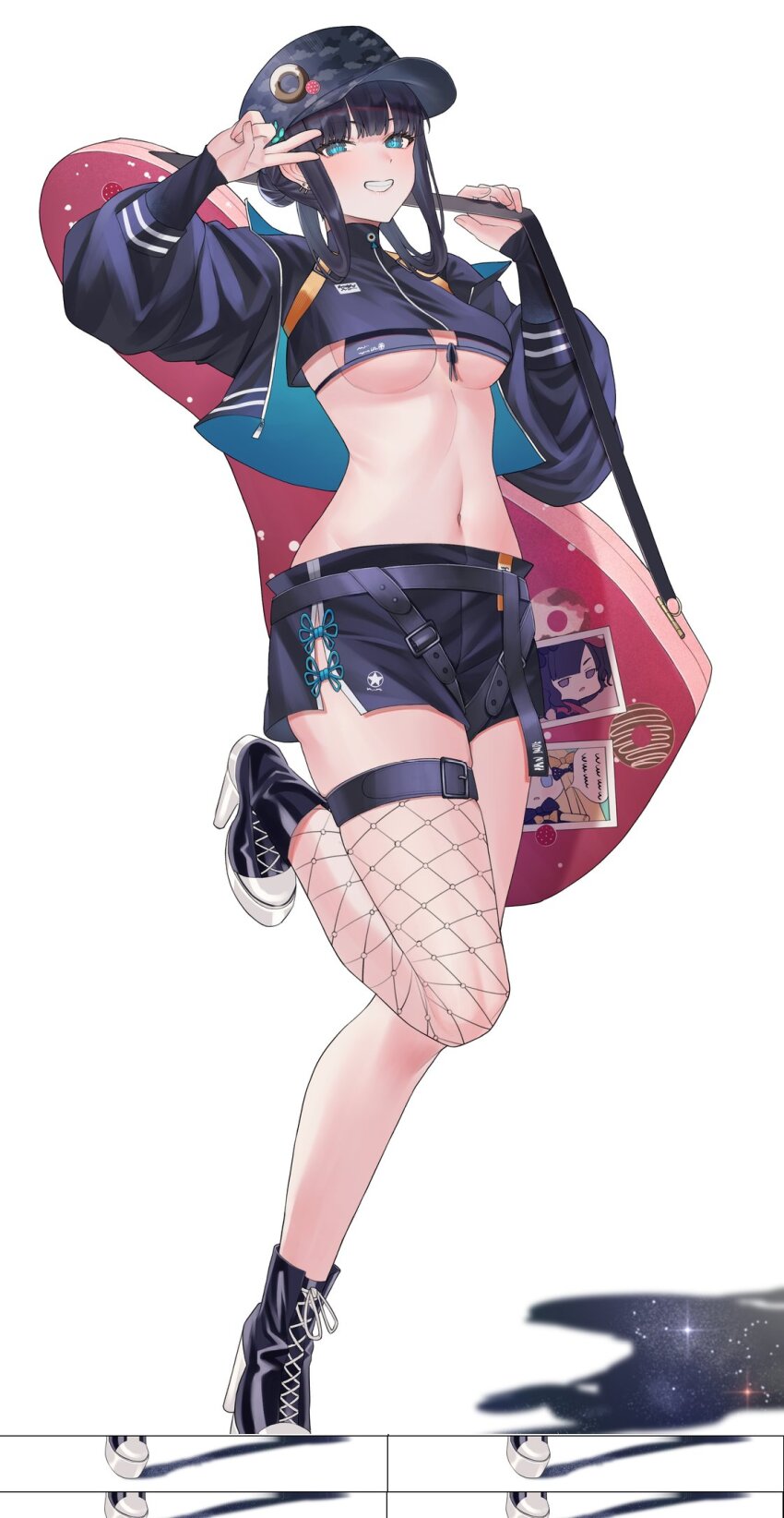 1girl, abigail_williams_(fate), badge, baseball_cap, bikini, bikini_under_clothes, black_bikini, black_jacket