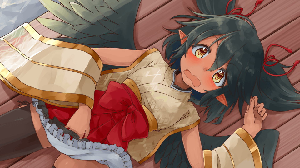 1girl, artist_request, black_hair, black_thighhighs, black_wings, blush, bow, brown_eyes