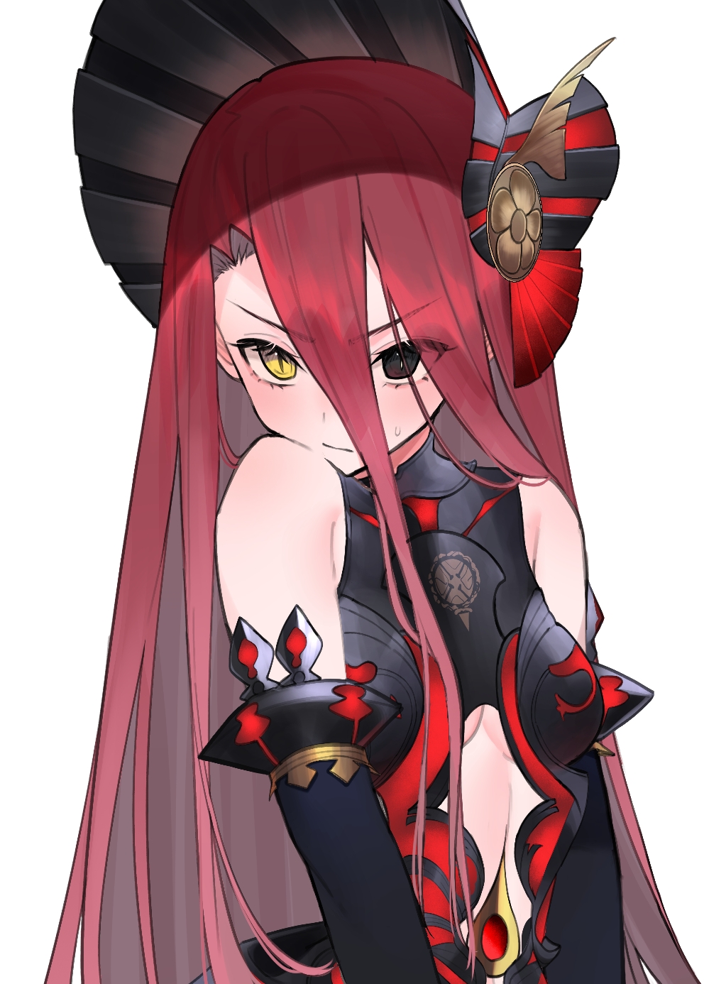 1girl, armor, armored_dress, bare_shoulders, black_armor, black_dress, black_eyes, black_gloves