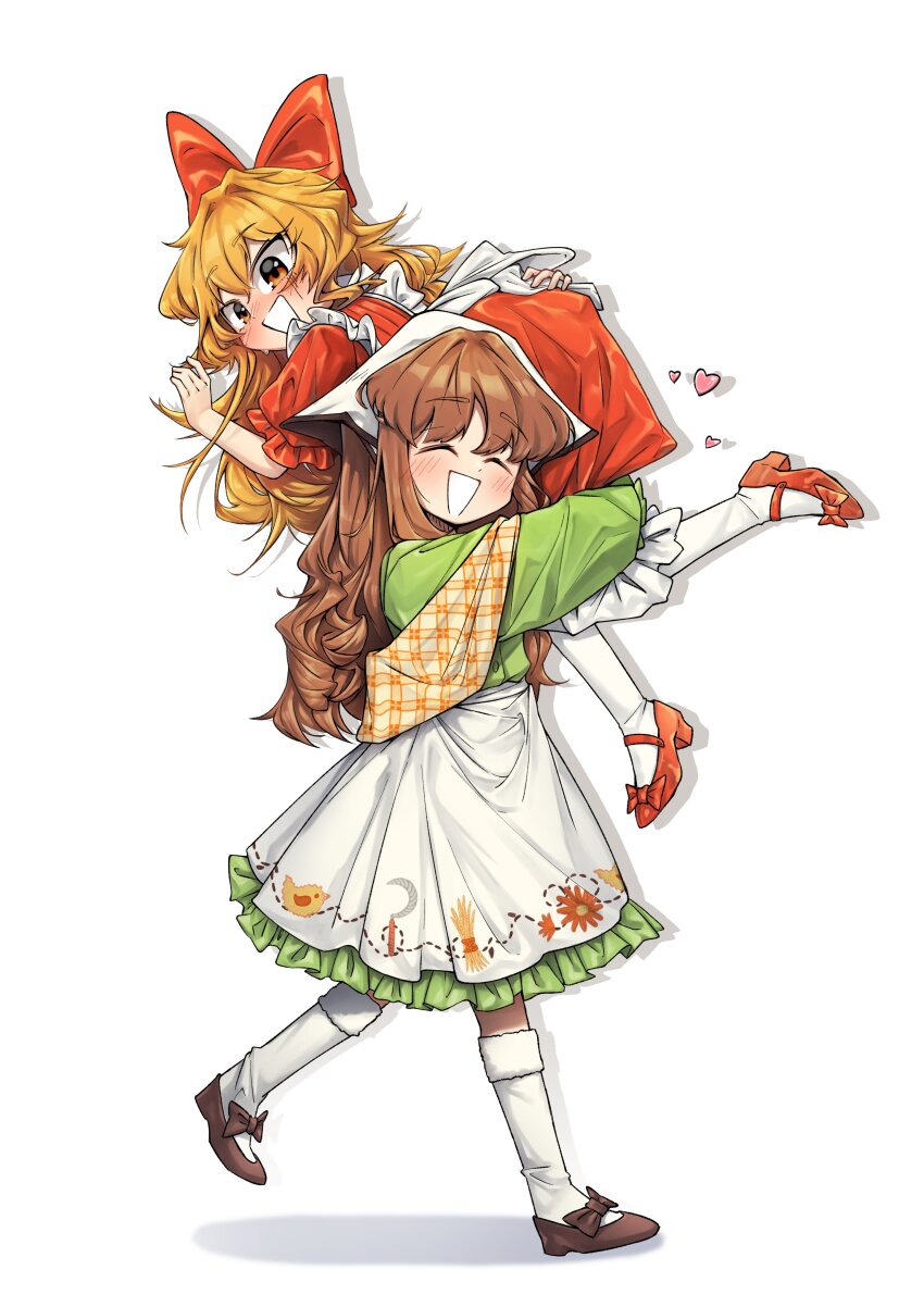 2girls, :d, ^_^, absurdres, apron, blonde_hair, bow, brown_footwear