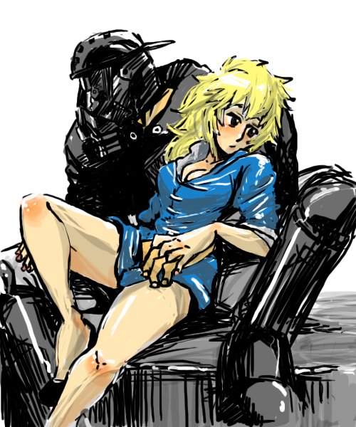 1boy, 1girl, aikawa_(dorohedoro), aikawa_you, bad_id, bad_pixiv_id, bare_legs, barefoot