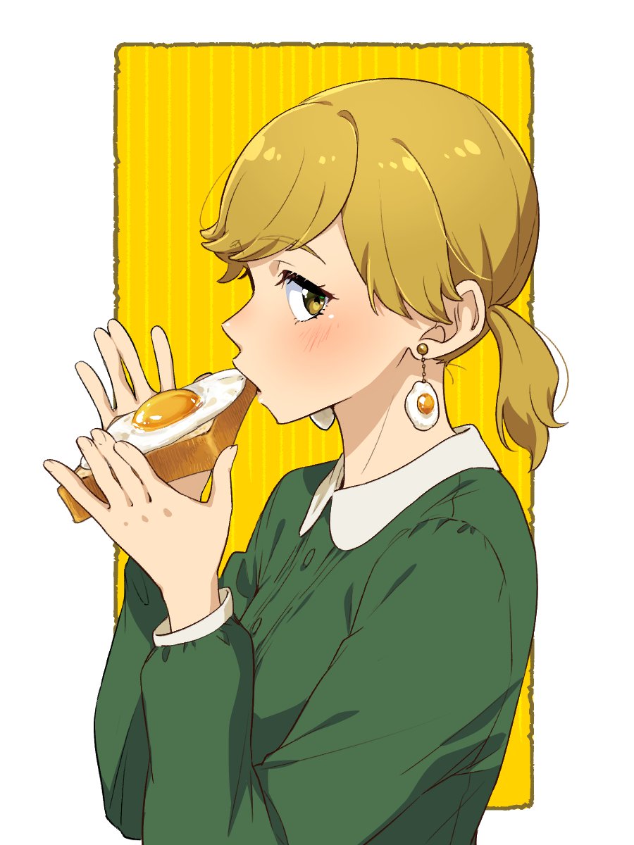 1girl, biting, blonde_hair, blush, bread, bread_slice, earrings, eating, edomon-do, food, food-themed_earrings, fried_egg, from_side, green_shirt, highres, jewelry, karashi_(mona_lisa_no_zaregoto), long_sleeves, looking_at_viewer, mona_lisa_no_zaregoto, shirt, side_ponytail, sideways_glance, solo, toast, upper_body, white_background, yellow_background, yellow_eyes