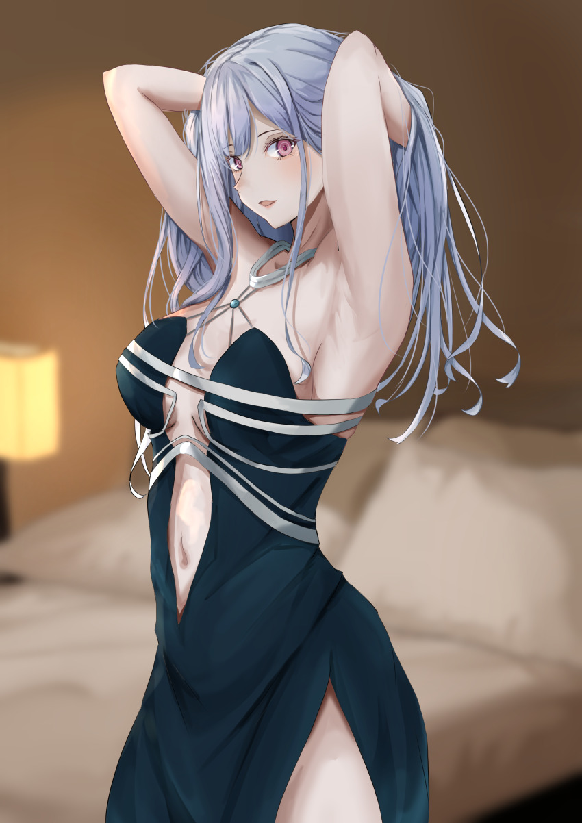 1girl, absurdres, ak-12_(girls'_frontline), ak-12_(quiet_azure)_(girls'_frontline), armpits, arms_behind_head, arms_up, artificial_eye
