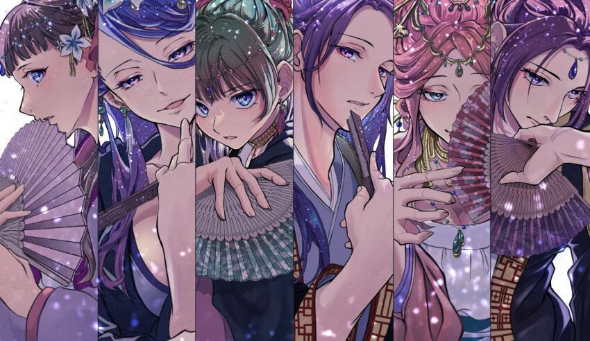 1boy, 5girls, adam's_apple, ah-duo_(kusuriya_no_hitorigoto), androgynous, bell, blue_eyes, blue_hair, blunt_bangs, breasts, chinese_clothes, circlet, closed_mouth, column_lineup, dancing, earrings, flower, folded_fan, folding_fan, green_hair, gyokuyou_(kusuriya_no_hitorigoto), hair_between_eyes, hair_flower, hair_ornament, hair_over_one_eye, hair_stick, hand_fan, hand_up, hanfu, holding, holding_fan, jacket, jewelry, jingle_bell, jinshi_(kusuriya_no_hitorigoto), kusuriya_no_hitorigoto, large_breasts, light_particles, lihua_(kusuriya_no_hitorigoto), lishu_(kusuriya_no_hitorigoto), long_sleeves, looking_at_viewer, looking_to_the_side, looking_up, maomao_(kusuriya_no_hitorigoto), multiple_girls, necklace, ninaxi_sham, one_eye_covered, parted_bangs, pink_hair, profile, purple_eyes, purple_hair, sideways_glance, simple_background, sparkle, starry_sky_print, tassel, tassel_earrings, upper_body, white_background