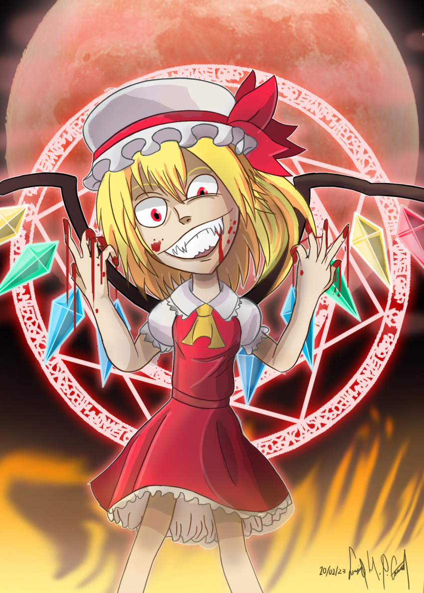 1girl, blonde_hair, blood, blood_on_face, blood_on_hands, cartoonized, evil_smile, fire