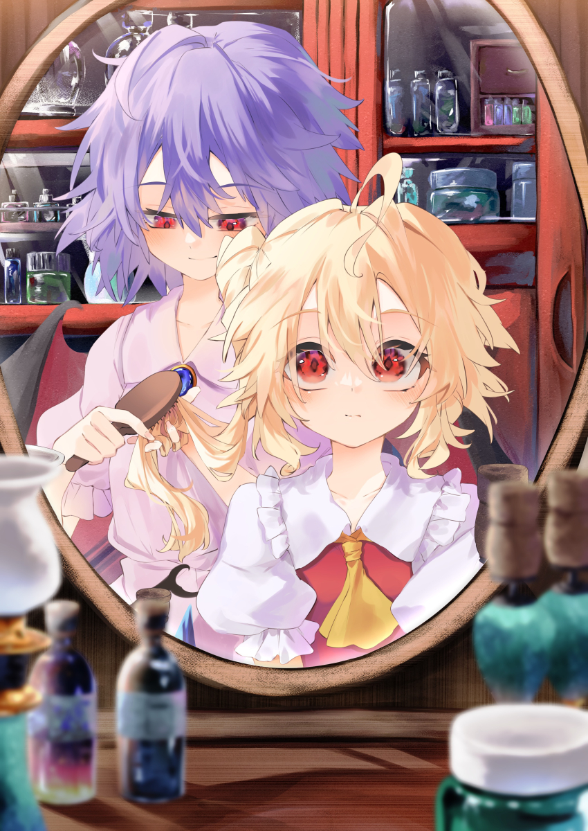 2girls, absurdres, ahoge, ascot, blonde_hair, blush, brushing_another's_hair, brushing_hair, calpis118, collarbone, female_pov, flandre_scarlet, hair_brush, highres, holding, holding_hair_brush, indoors, messy_hair, mirror, multiple_girls, one_side_up, pov, puffy_short_sleeves, puffy_sleeves, purple_hair, red_eyes, reflection, remilia_scarlet, short_sleeves, siblings, sisters, smile, touhou, yellow_ascot