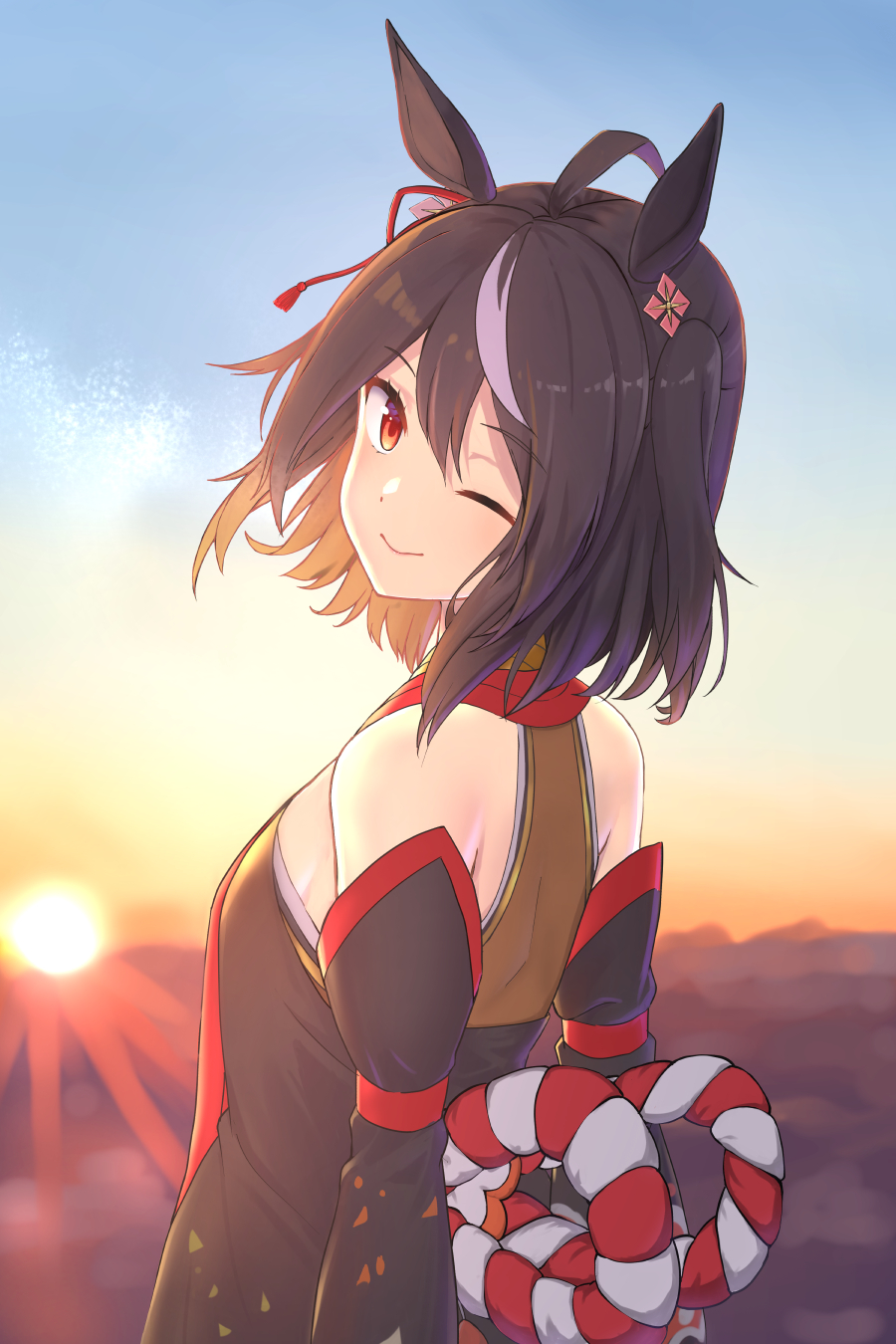 1girl, ahoge, animal_ears, asueli_ex, bare_shoulders, black_hair, black_sleeves, blurry