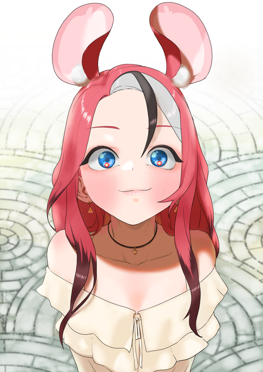 1girl, absurdres, animal_ear_fluff, animal_ears, bare_shoulders, black_hair, blue_eyes, blush, butayaro_kr, closed_mouth, dress, earrings, extra_ears, hakos_baelz, highres, hololive, hololive_english, jewelry, long_hair, looking_at_viewer, mouse_ears, multicolored_hair, necklace, off-shoulder_shirt, off_shoulder, red_hair, shirt, smile, solo, streaked_hair, upper_body, virtual_youtuber, white_hair