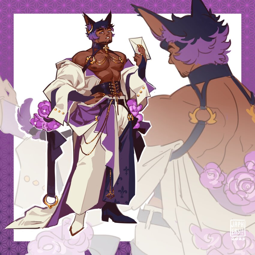 absurdres, animal_ears, bara, black_corset, cat_ears, cat_tail, chest_jewel, copyright_request